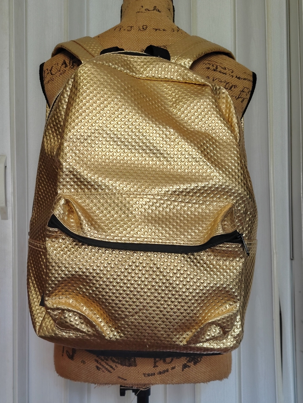 MetroPack Metallic Gold Backpack Y2K Textured Book Bag Headphone Port